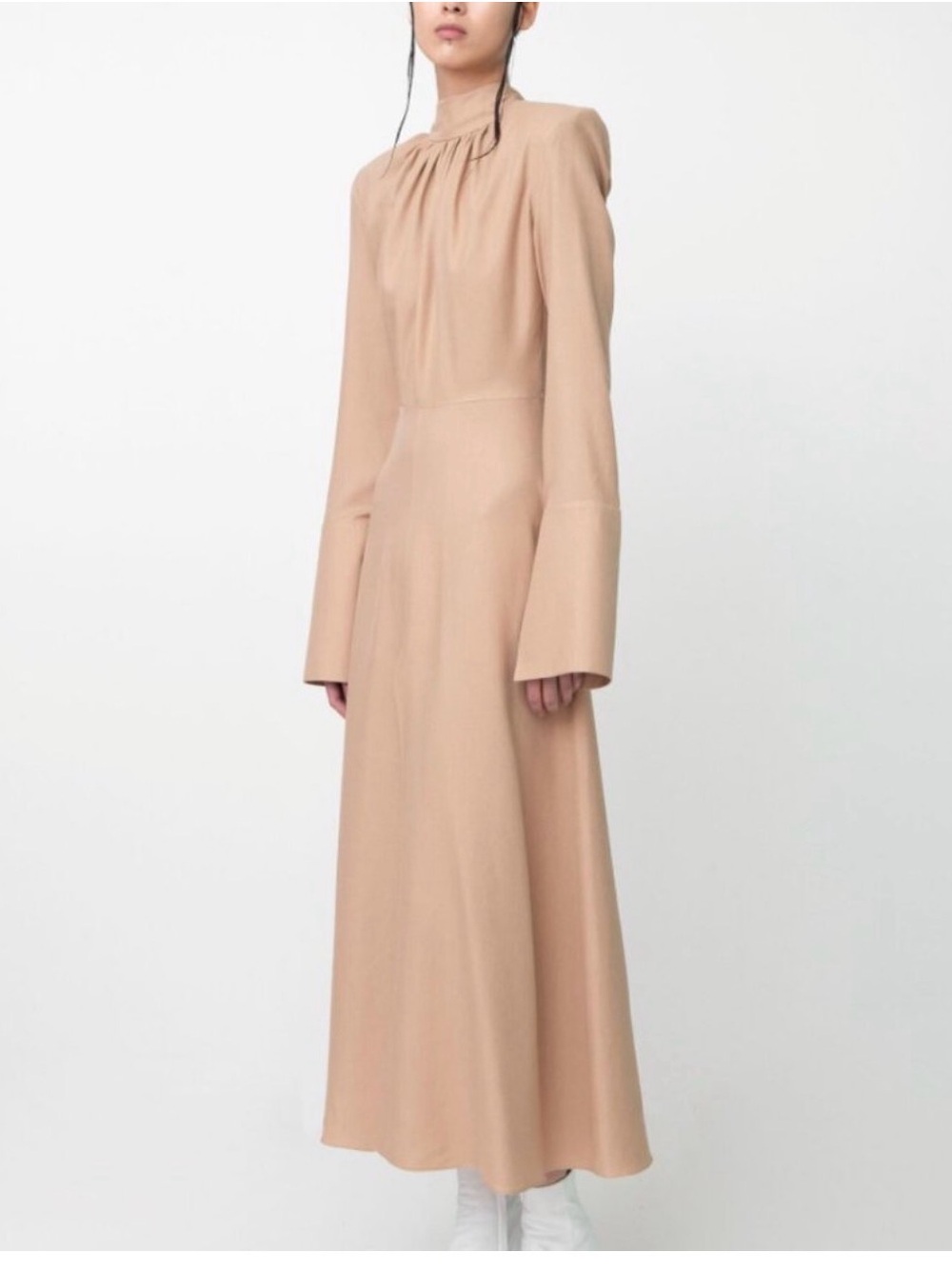NWT ALEKSANDRE AKHALKATSISHVILI Long Sleeve High-Neck Tan Midi Dress